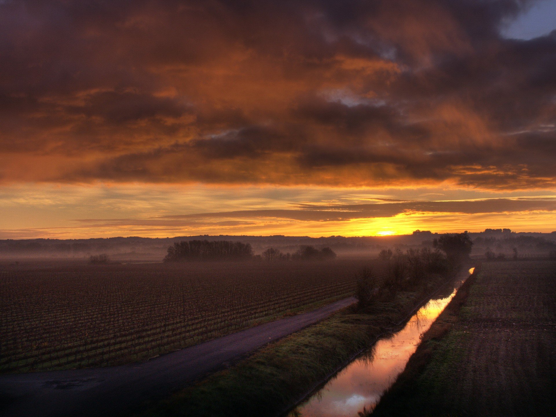 campo nebbia mattina alba sole canale