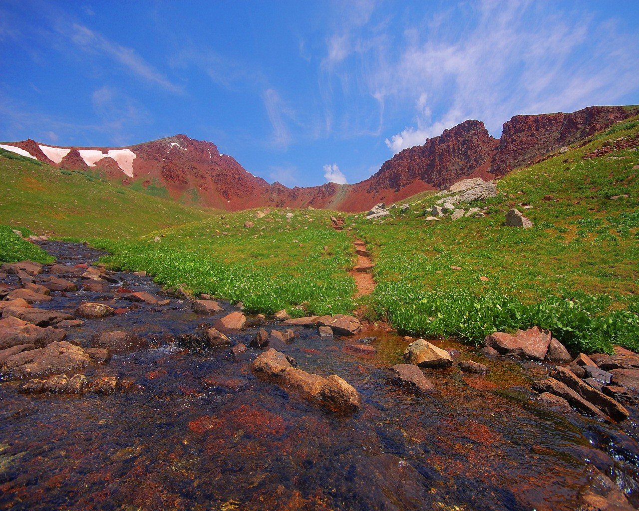 creek grass mountain green sky clouds stones summer