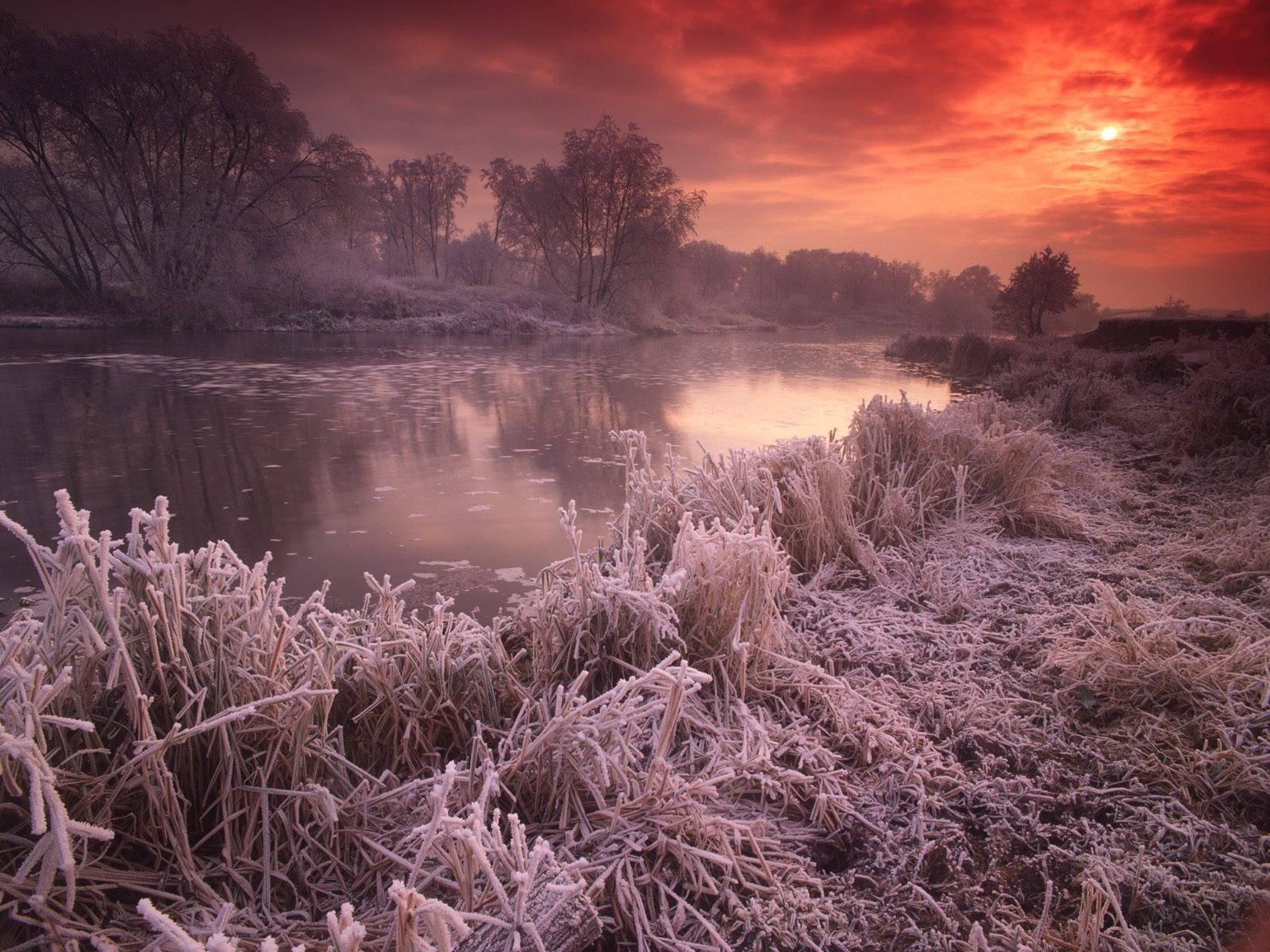 großbritannien fluss sonnenuntergang frost sonne herbst