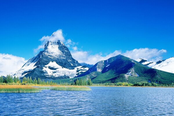 Blue lake with mountains and clouds