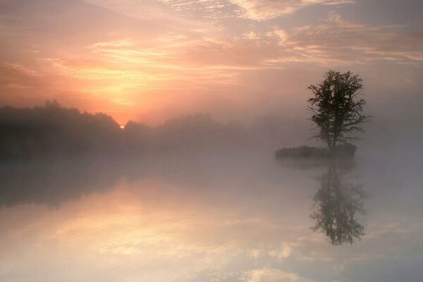 Matin brumeux sur le lac dans le village