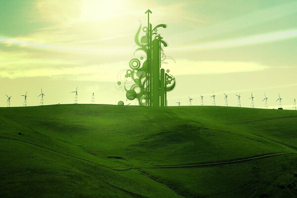 Futuristic field in green tones with windmills