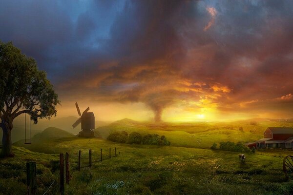 Tornade dans un champ près d un vieux moulin