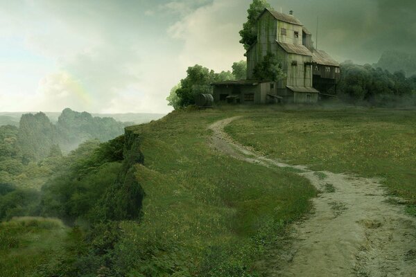 La maison verte des nains sur une falaise. Paisible