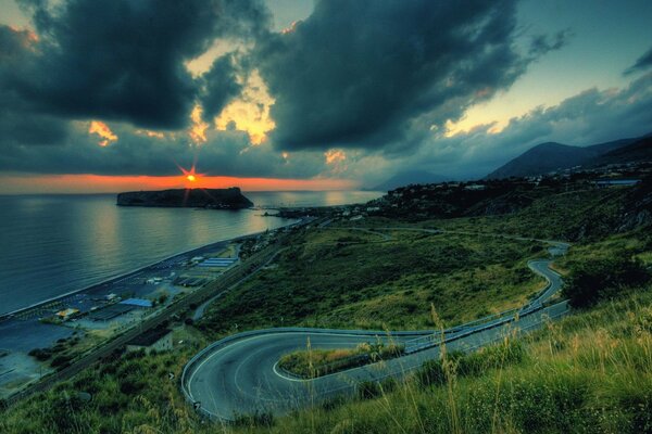 A long road at sunset