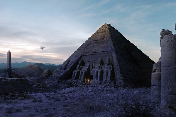 Die ägyptische Pyramide und das Luftschiff am Himmel