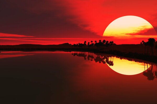 Tramonto rosso con riflessione solare