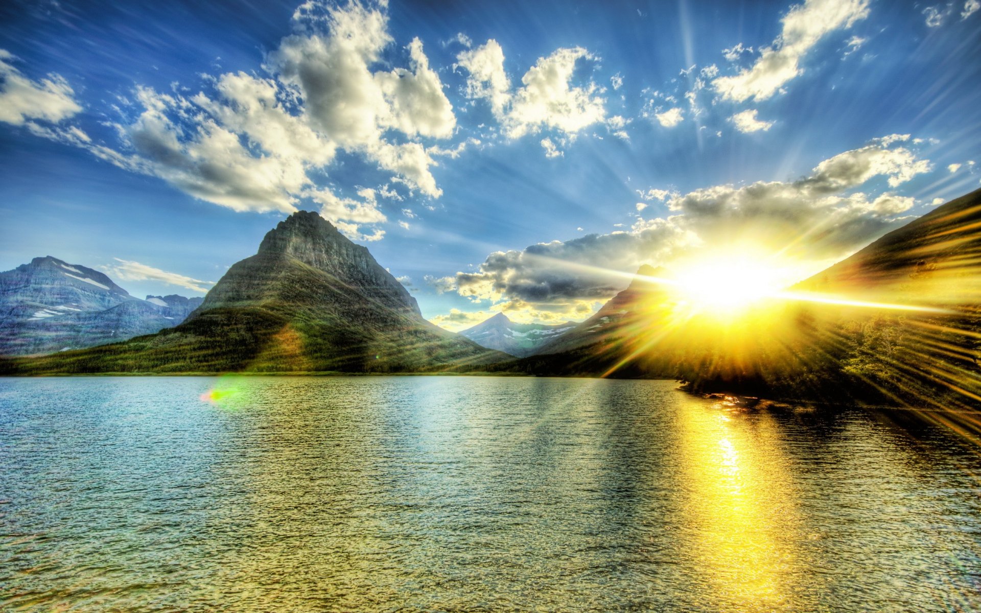 soleil lac nuages montagne ciel hdr