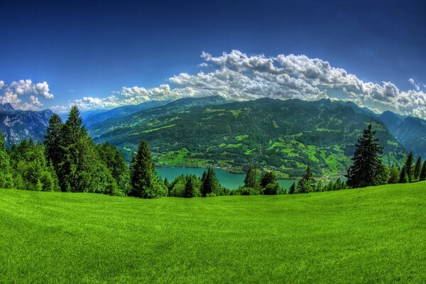 Hermoso paisaje de montañas, hierba verde, río