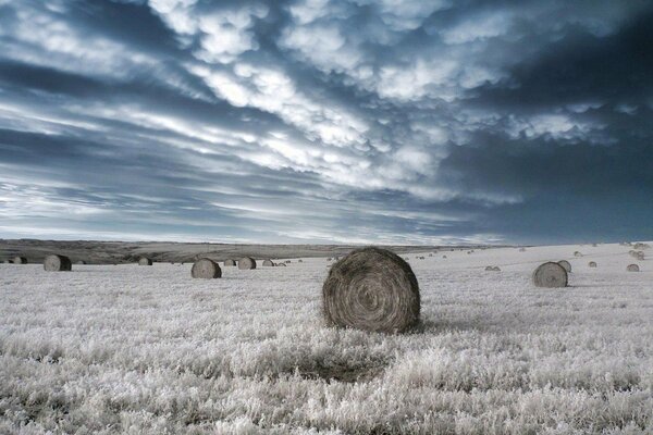 Clouds are gathering over the field and lonely bales