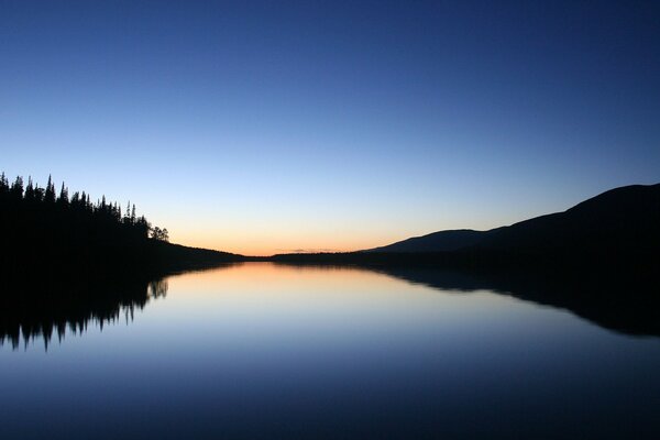 Sunset sky over the mirror surface of the lake