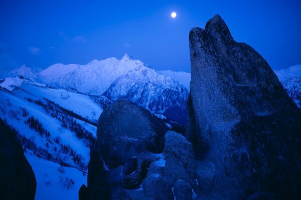 Nachtlandschaft von schneebedeckten Berggipfeln im Licht des Mondes