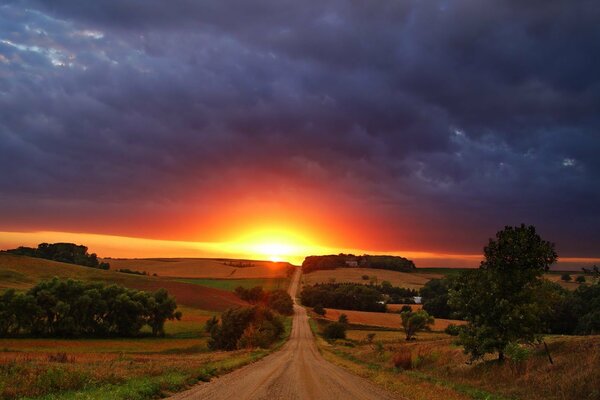 A road surrounded by fields, going into the sunset