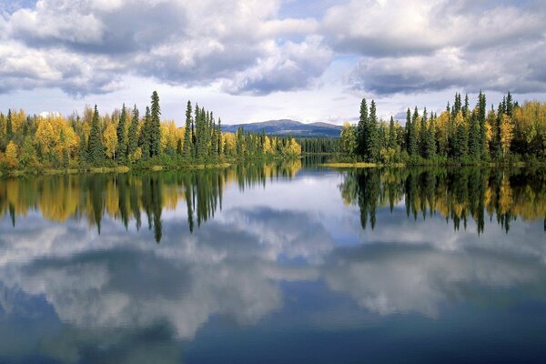 Les arbres et les nuages se reflètent dans le lac