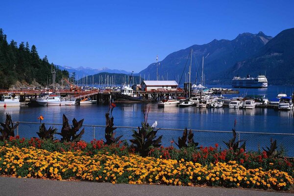 Berth with flowers in the port by the sea