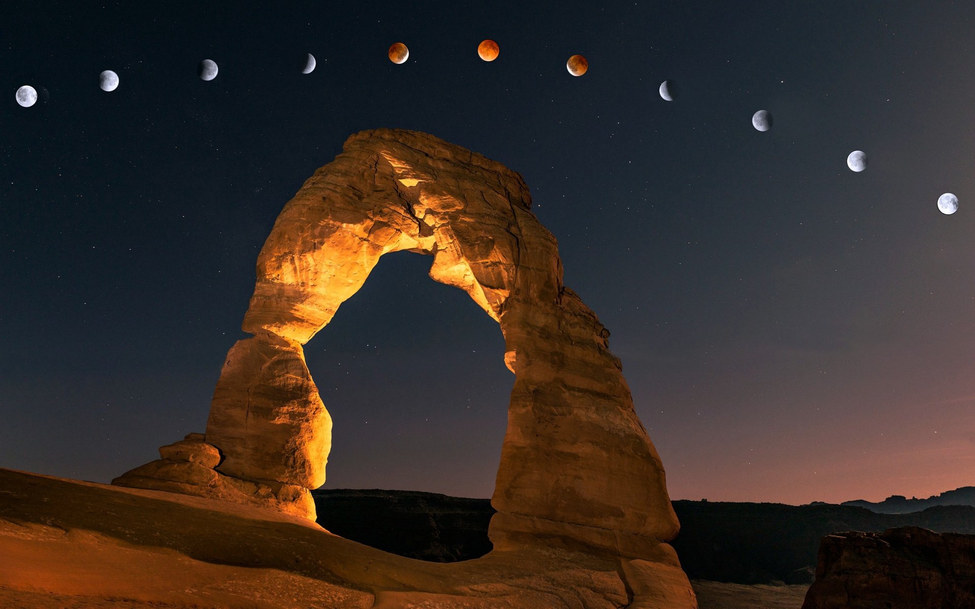 canyon arch rock light sky moon star