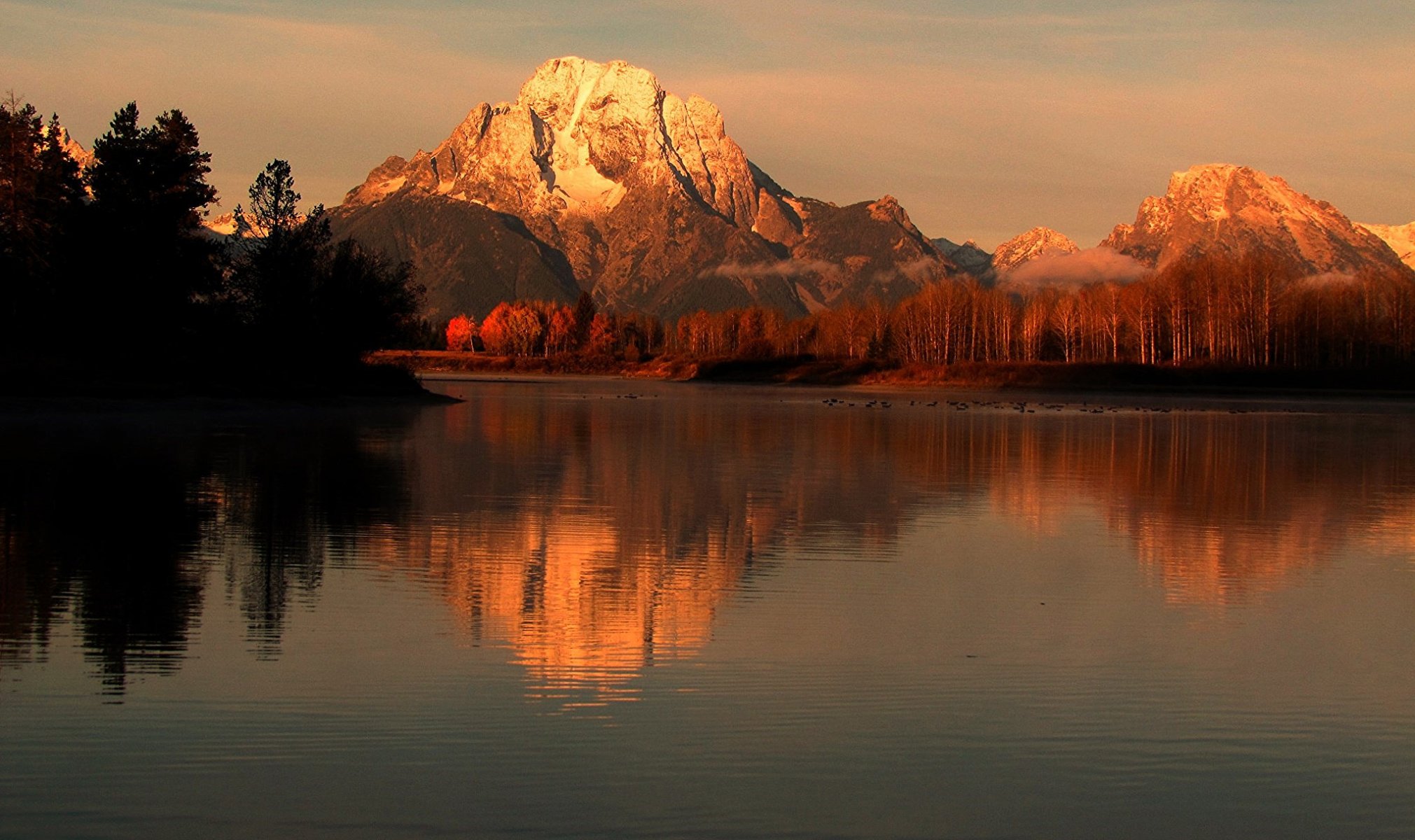 grand teton national park wyoming usa montagna lago fiume riflessione alberi autunno cielo tramonto