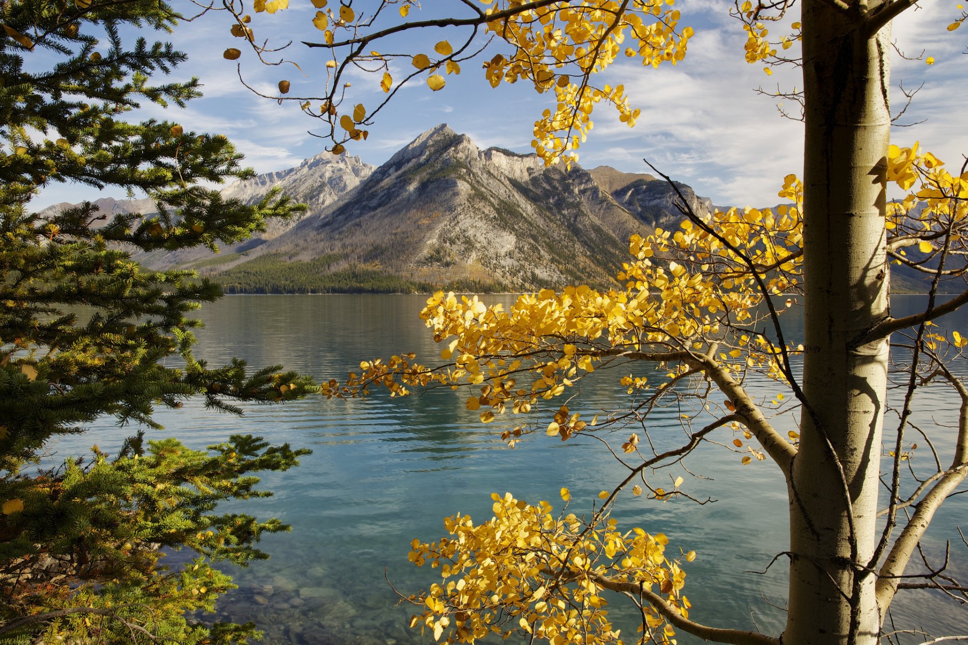 lake minnewanka albert canada sky mountain tree leaves autumn