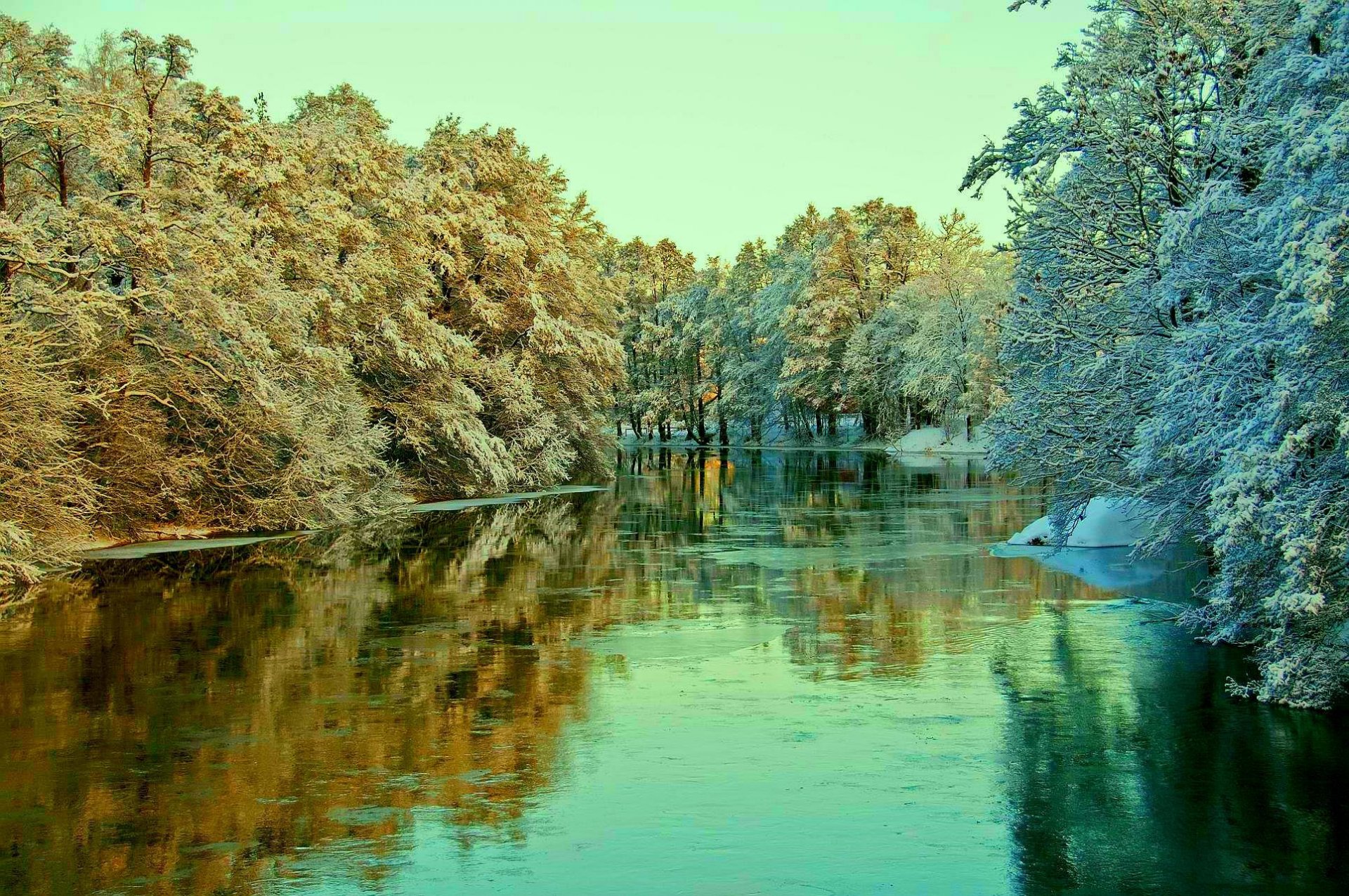 cielo fiume alberi neve gelo paesaggio inverno