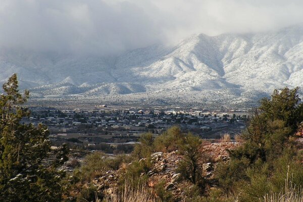 Mountains with trees, and mountains with snow in the distance