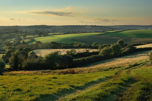 View from the hill to the field and the road