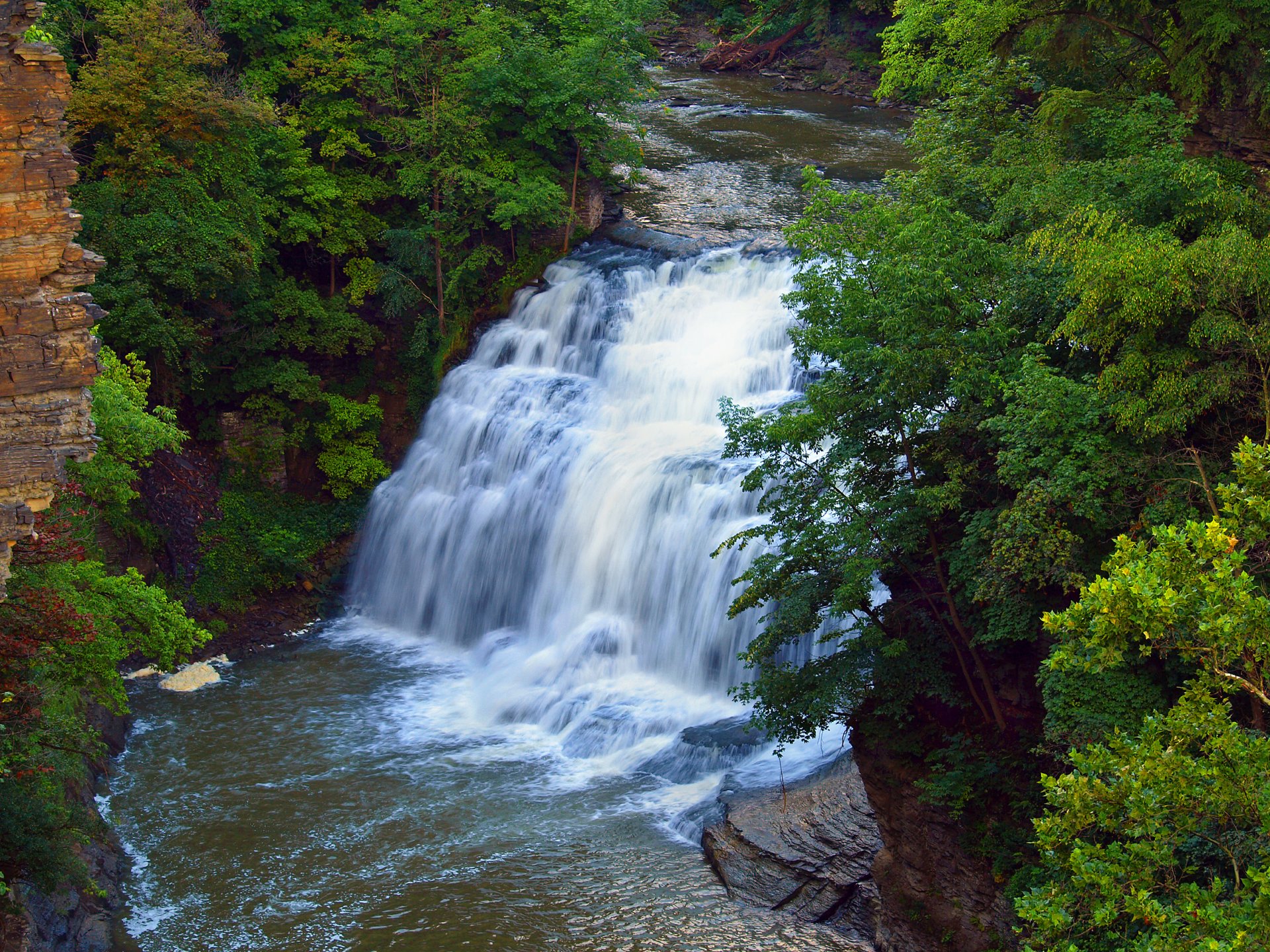 río cascada rocas árboles bosque