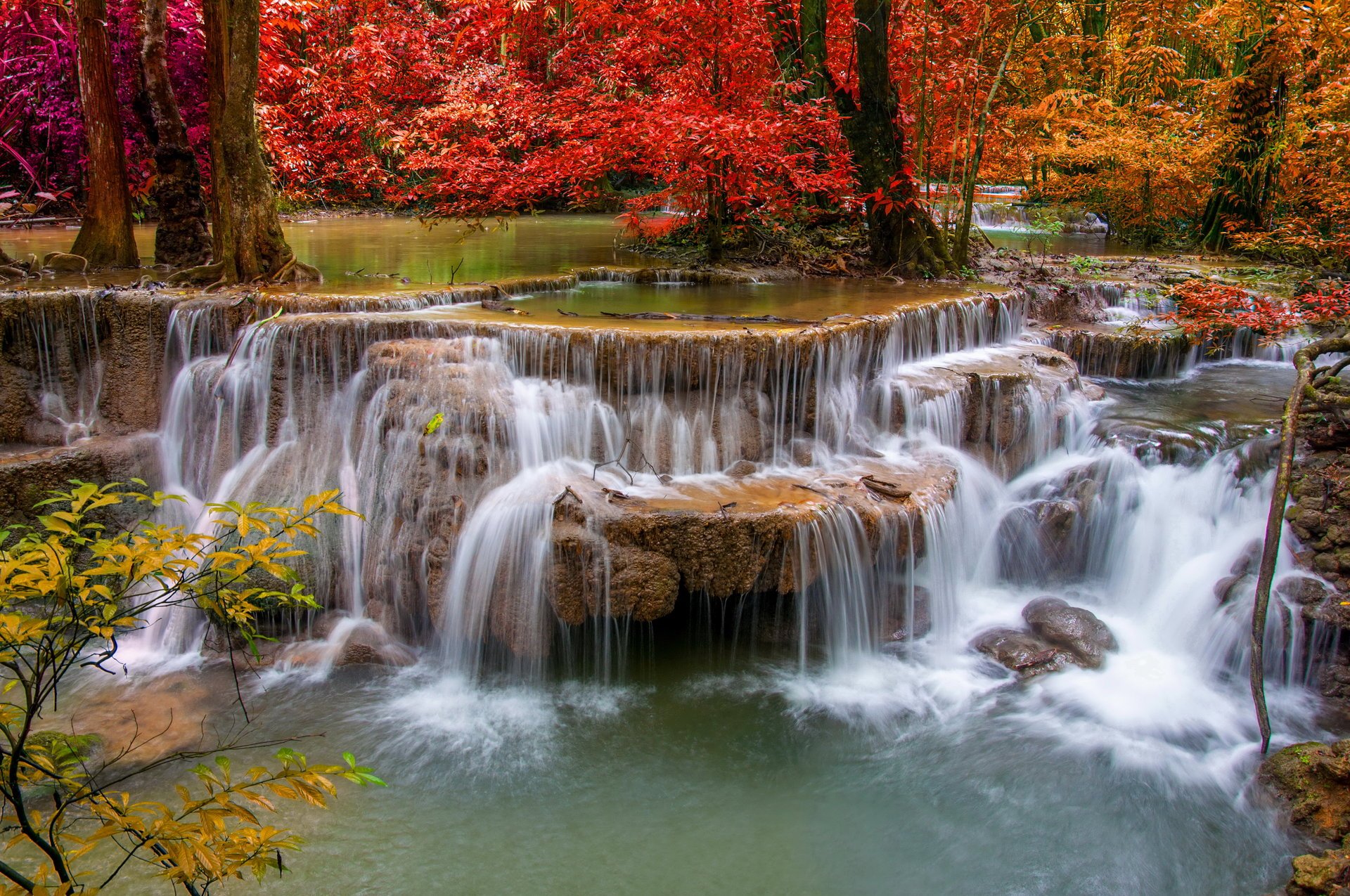 autumn forest creek waterfall stones rapid