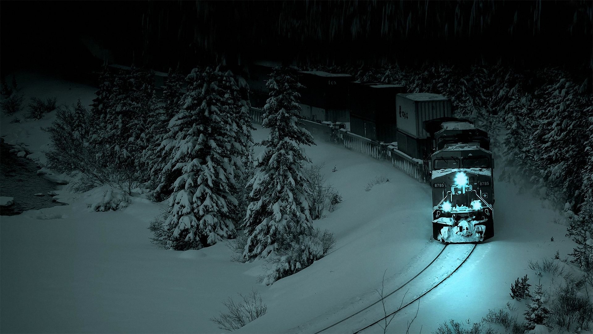 forest spruce train rails locomotive night snow darkne