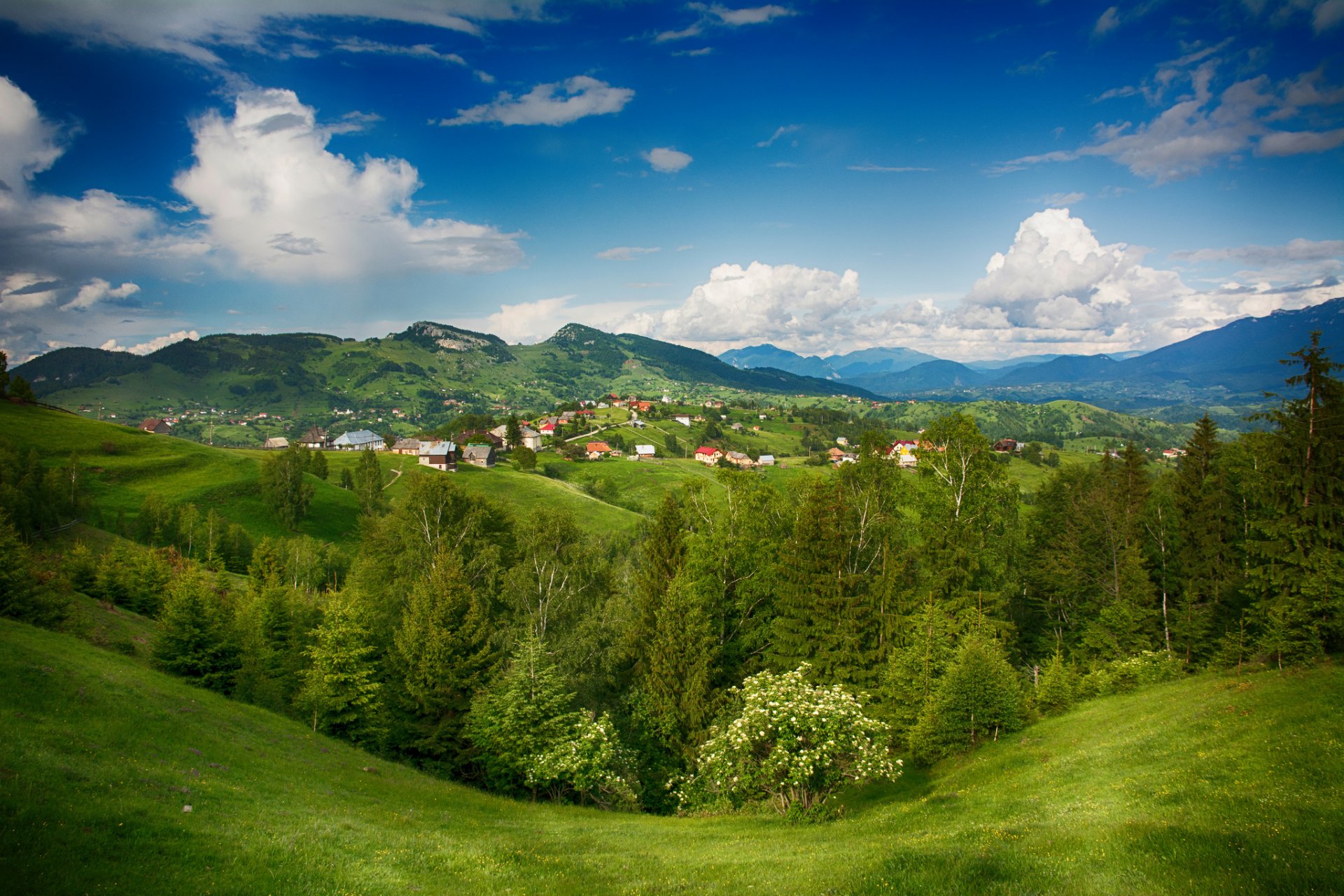 krajobraz dolina góry domy drzewa