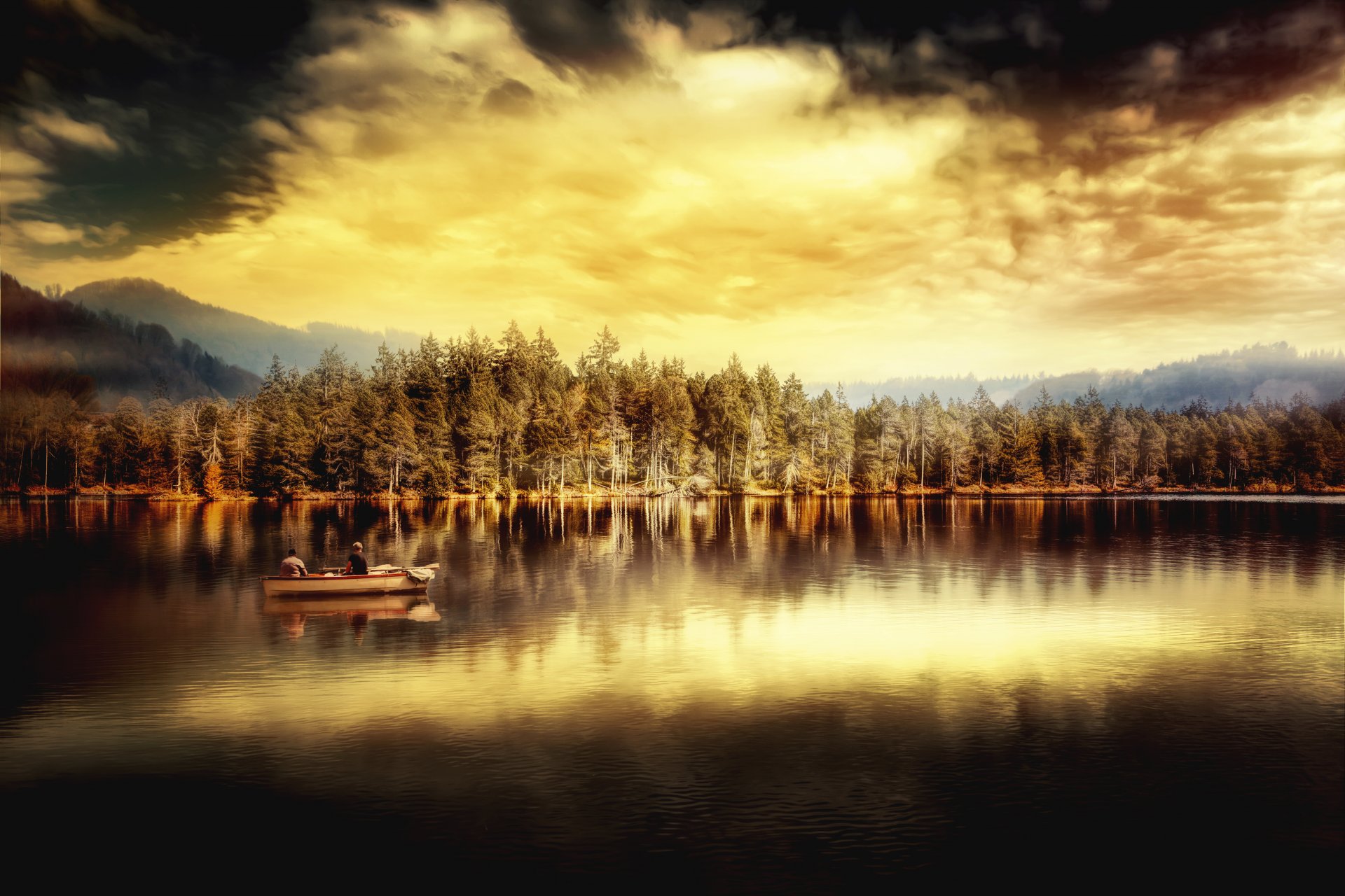 leise see boot bäume reflexion himmel wolken verarbeitung