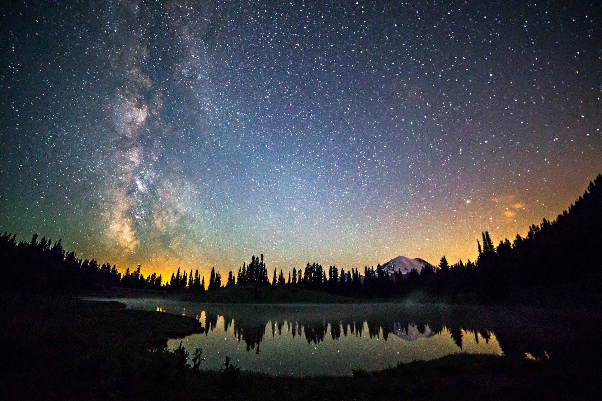 cosmos stars night space milky way mountains forest