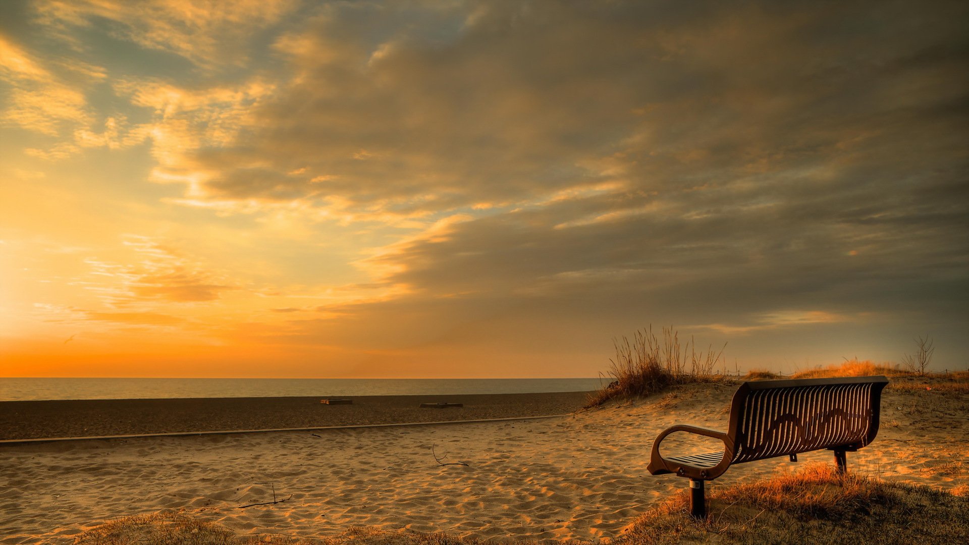 mer coucher de soleil banc paysage