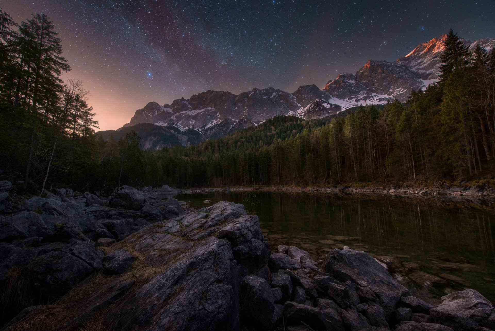 nacht morgen himmel sterne berge wald see steine felsen