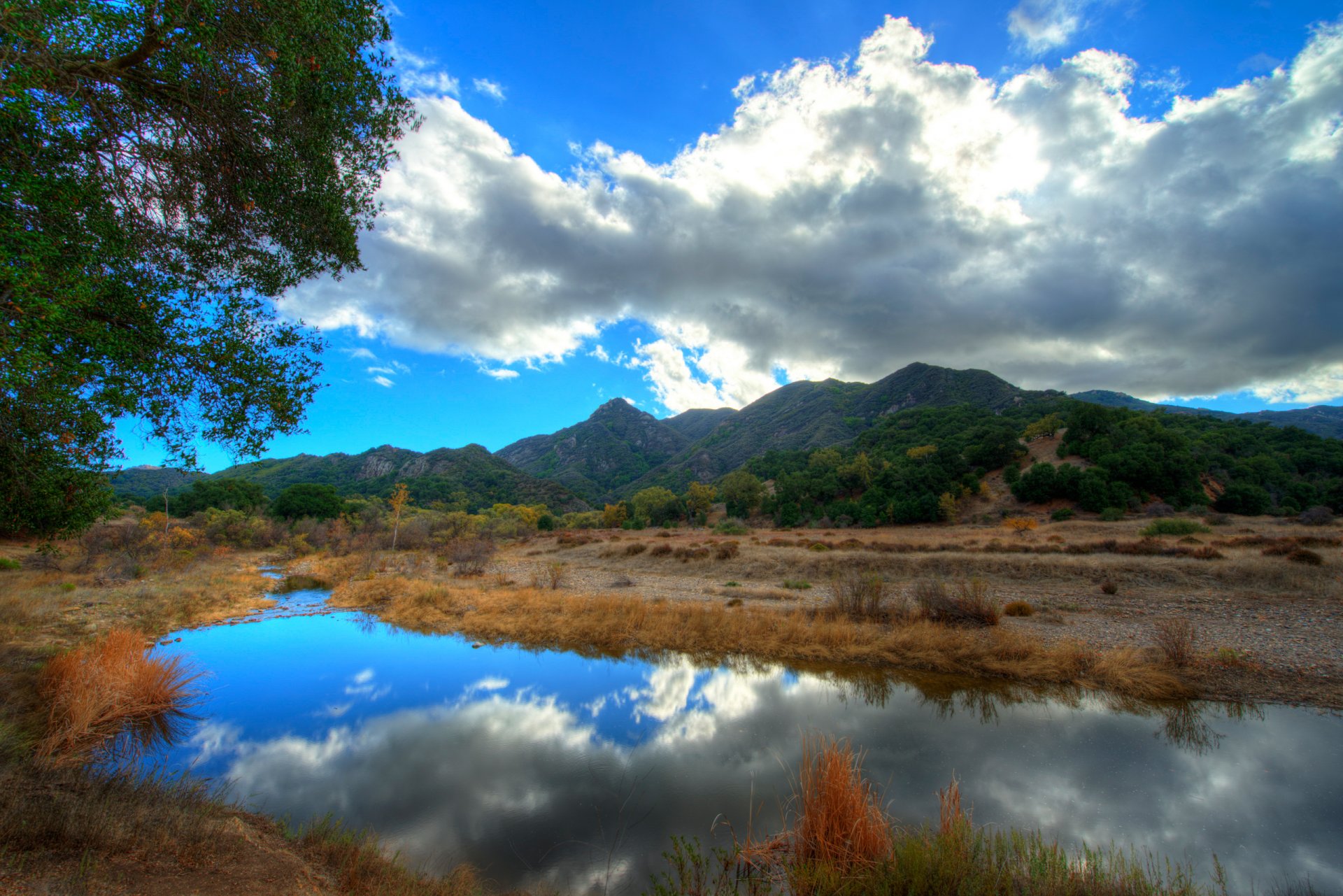 malibu kalifornien usa himmel wolken berge fluss reflexion bäume landschaft