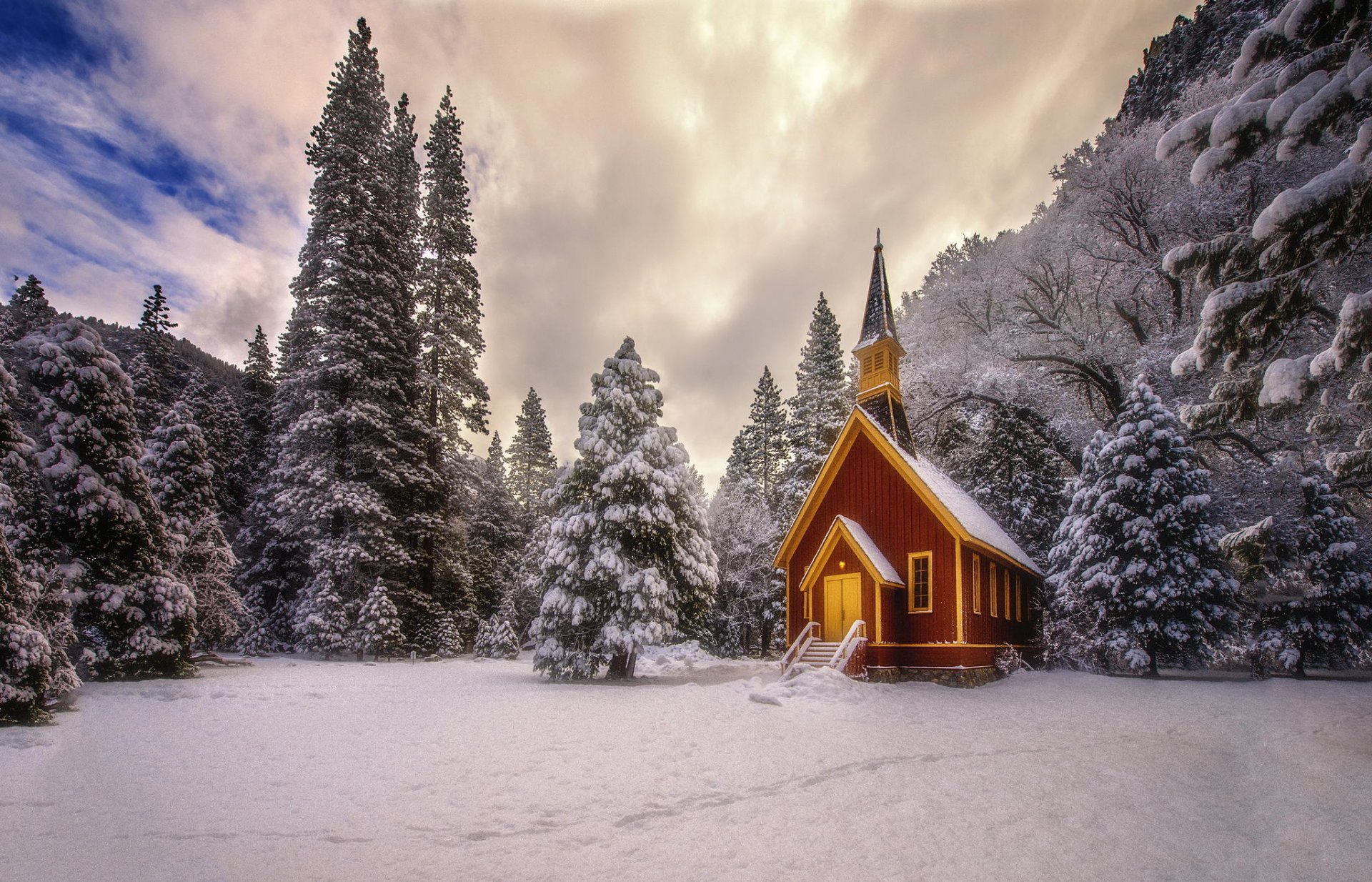 winter forest nature church snow