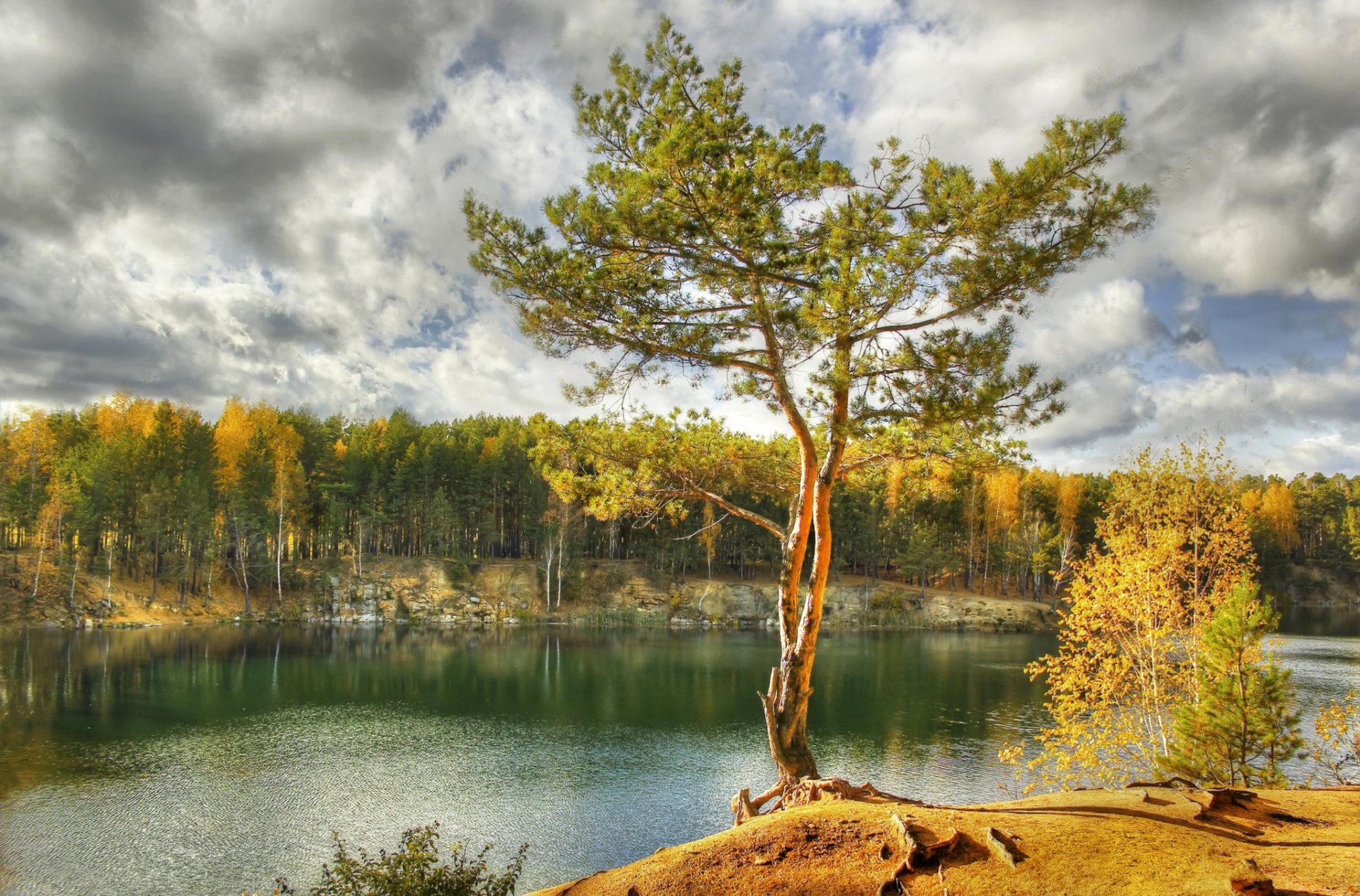 ciel nuages forêt arbres lac automne