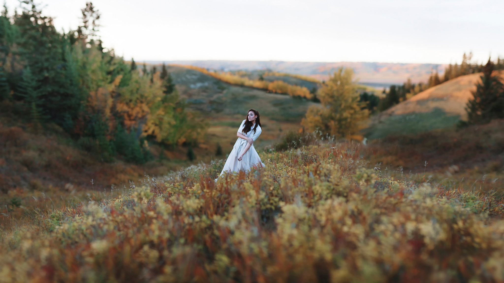 bokeh herbe arbres collines fille