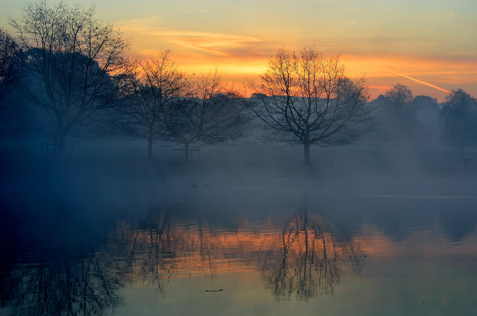 ciel arbres rivière lac réflexion brouillard coucher de soleil horizon nuages