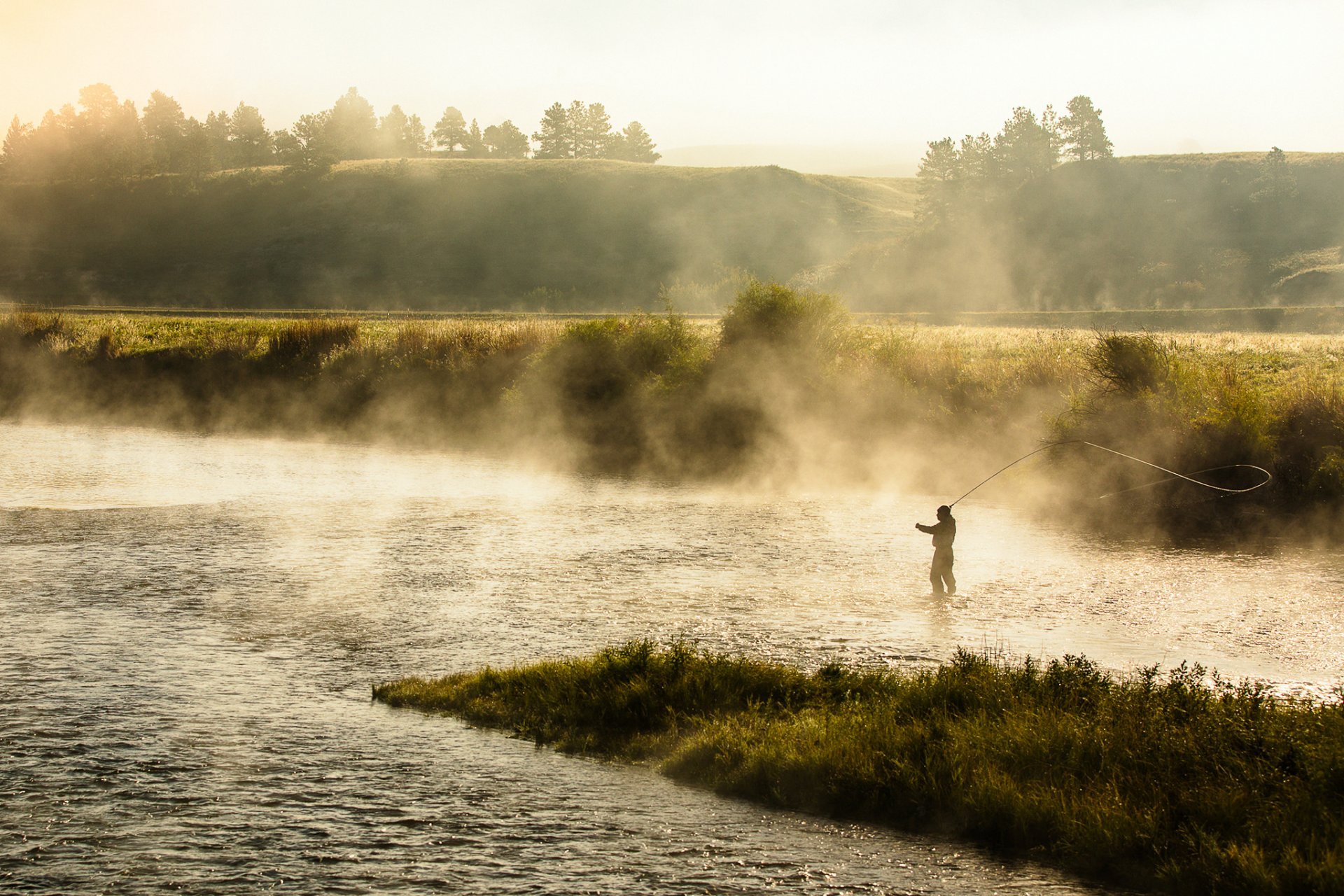 matin rivière brouillard pêche nature paysage