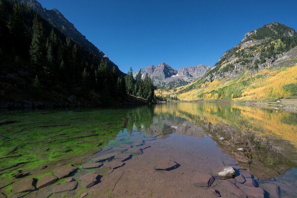 Paysage avec lac transparent et montagnes à l horizon