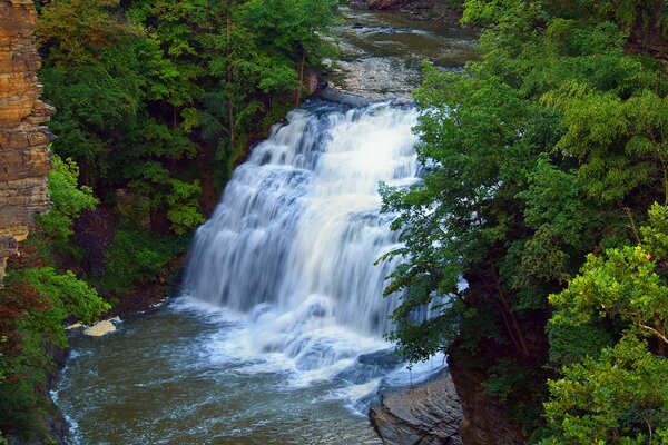 Refreshing mountain waterfall in the forest