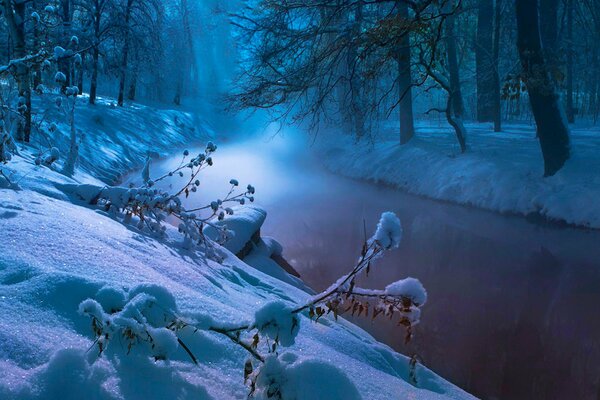 The life of the river in winter near the snowdrifts