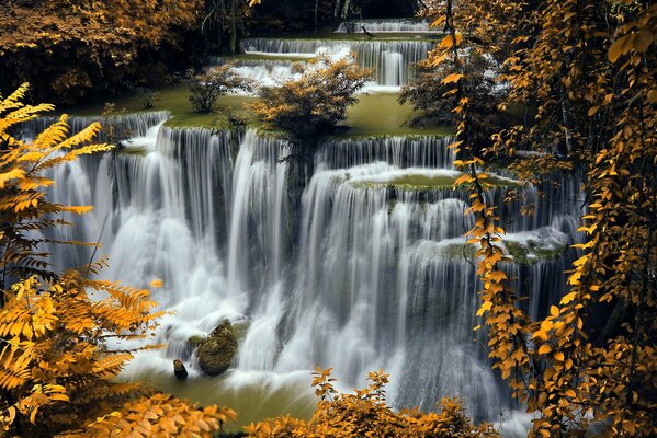 Grande cascata nella foresta autunnale