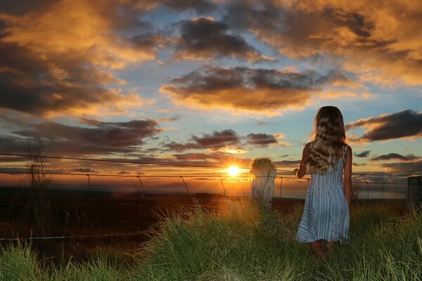 A girl at the fence looks at the sunset