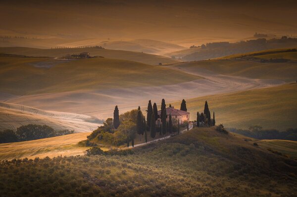 Aube du matin dans les champs de la Toscane