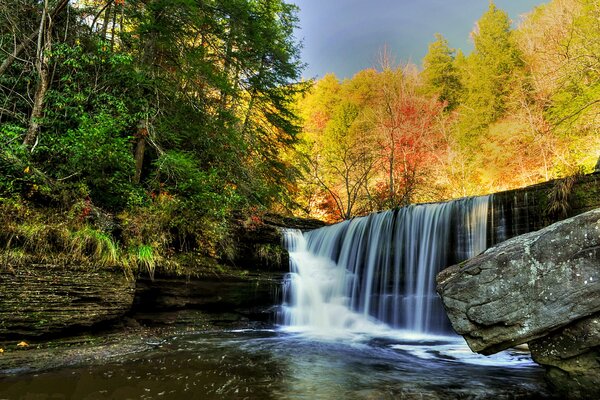 Wald Wasserfall auf Himmel und Wald Hintergrund