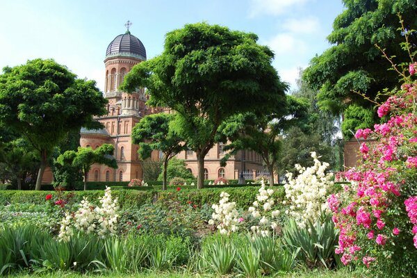 Ukrainische Kathedrale im Garten von Bäumen und Blumen