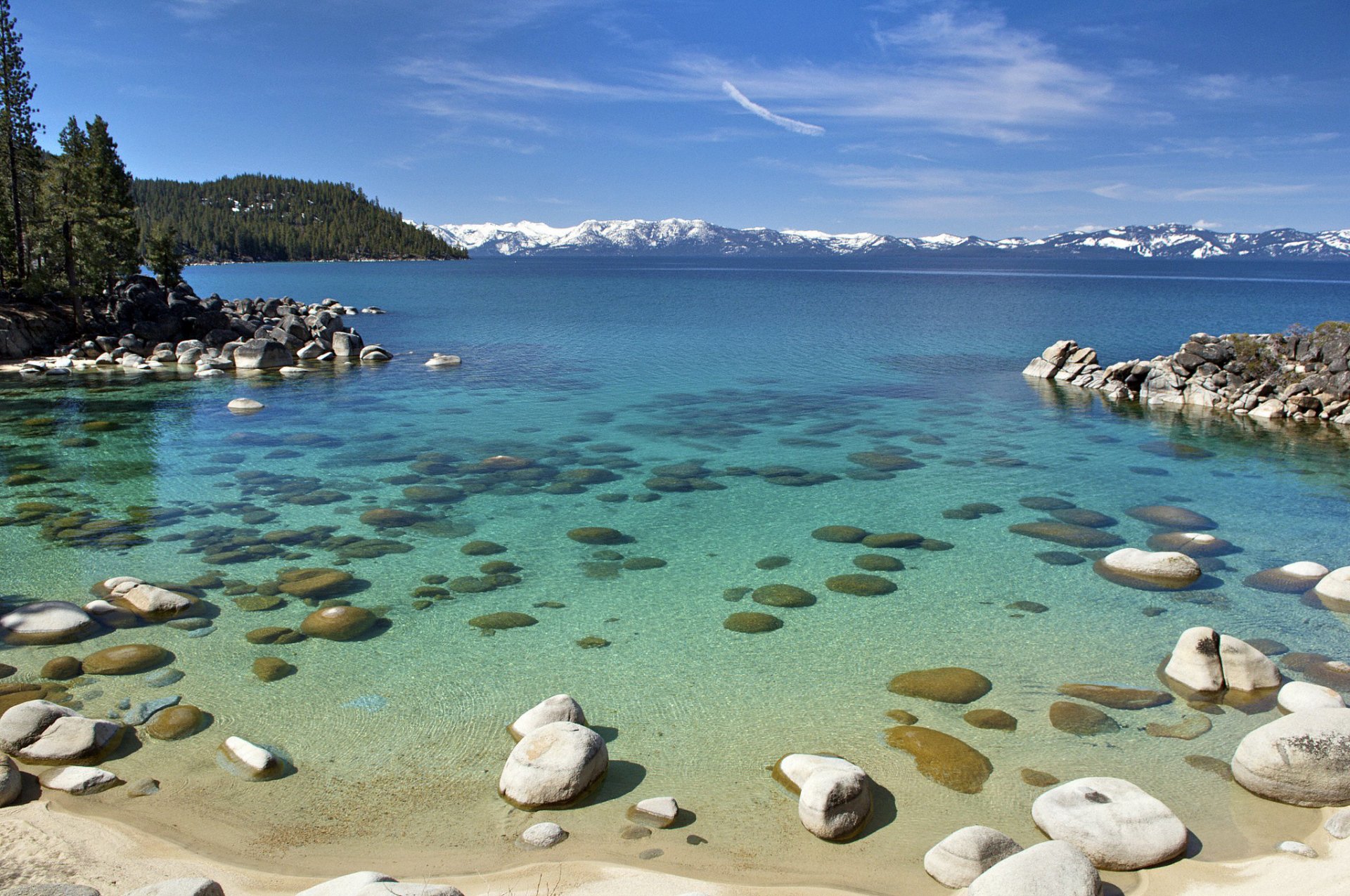 ciel nuages montagnes neige lac tahoe pierres arbres