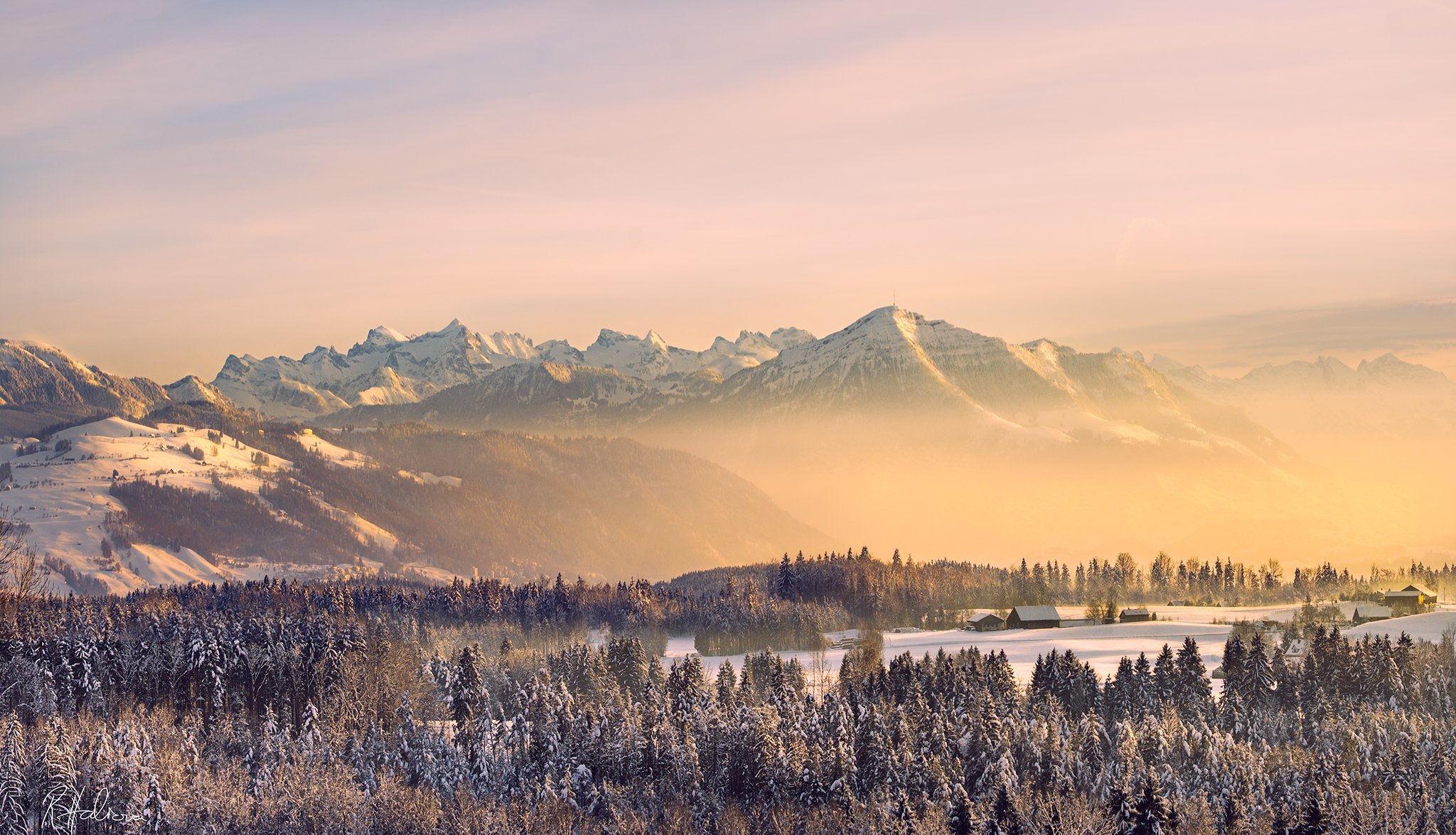 mountain winter forest sky house nature snow fog sun