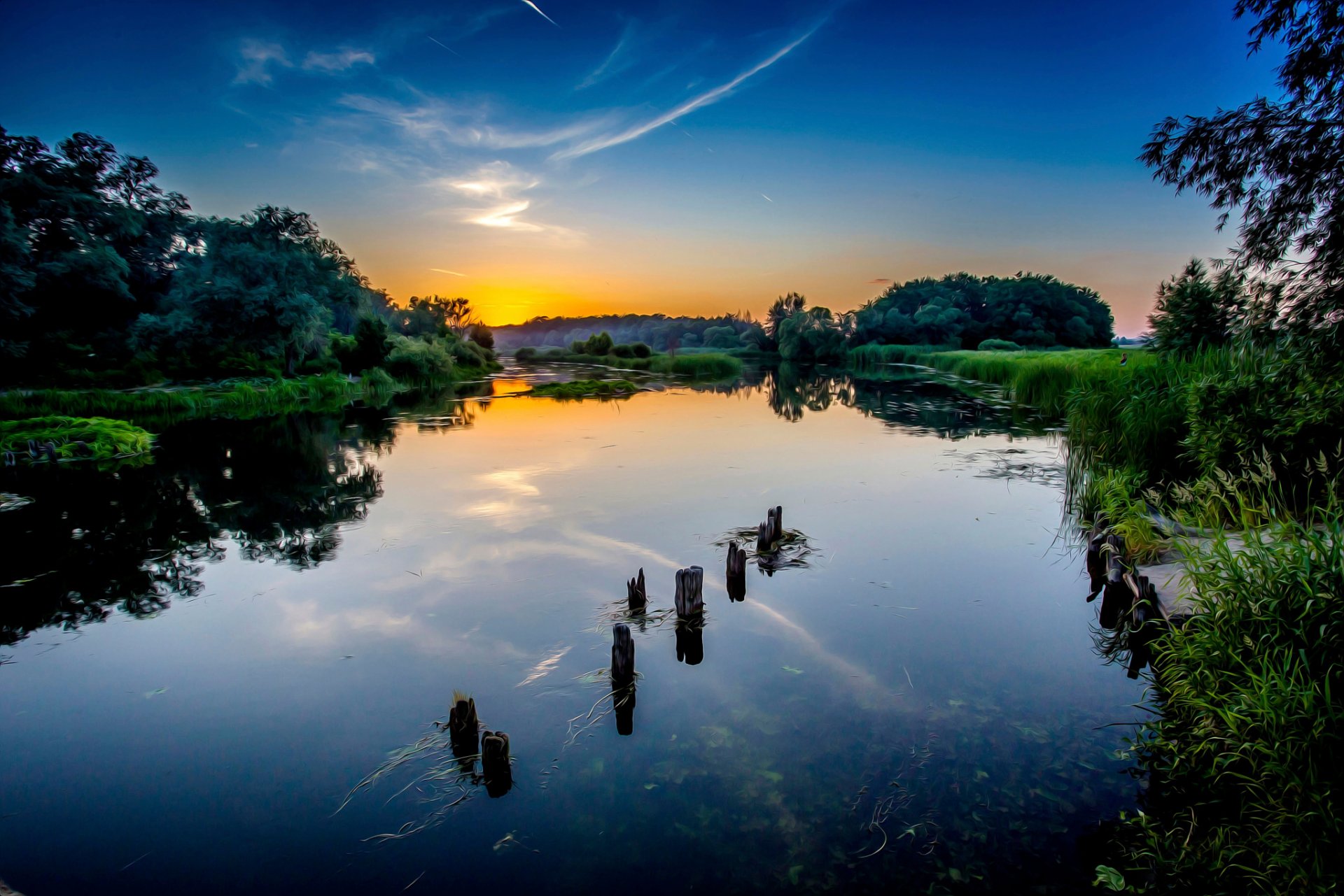 río puesta de sol procesamiento